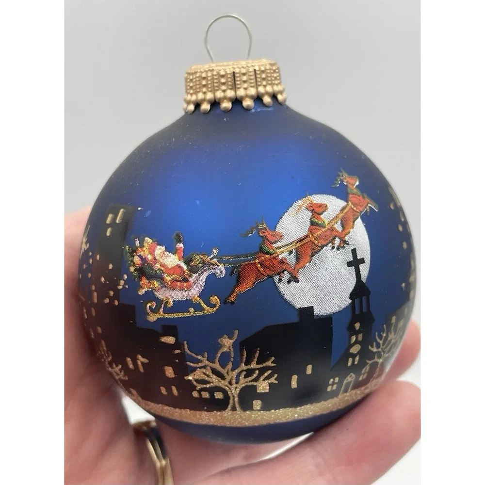 Vtg. Christmas Ornaments Krebs Set / 9 Sapphire Blue Santa's Sleigh City Skyline